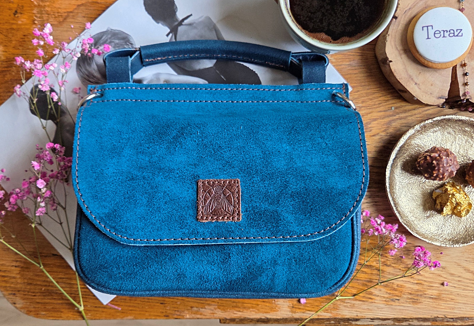 Polska torebka skórzana Greta turkus zamsz